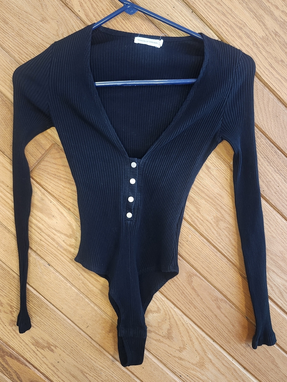 Makers Of Dreams Medium Ribbed Black Long Sleeve Deep V Button Front Bodysuit